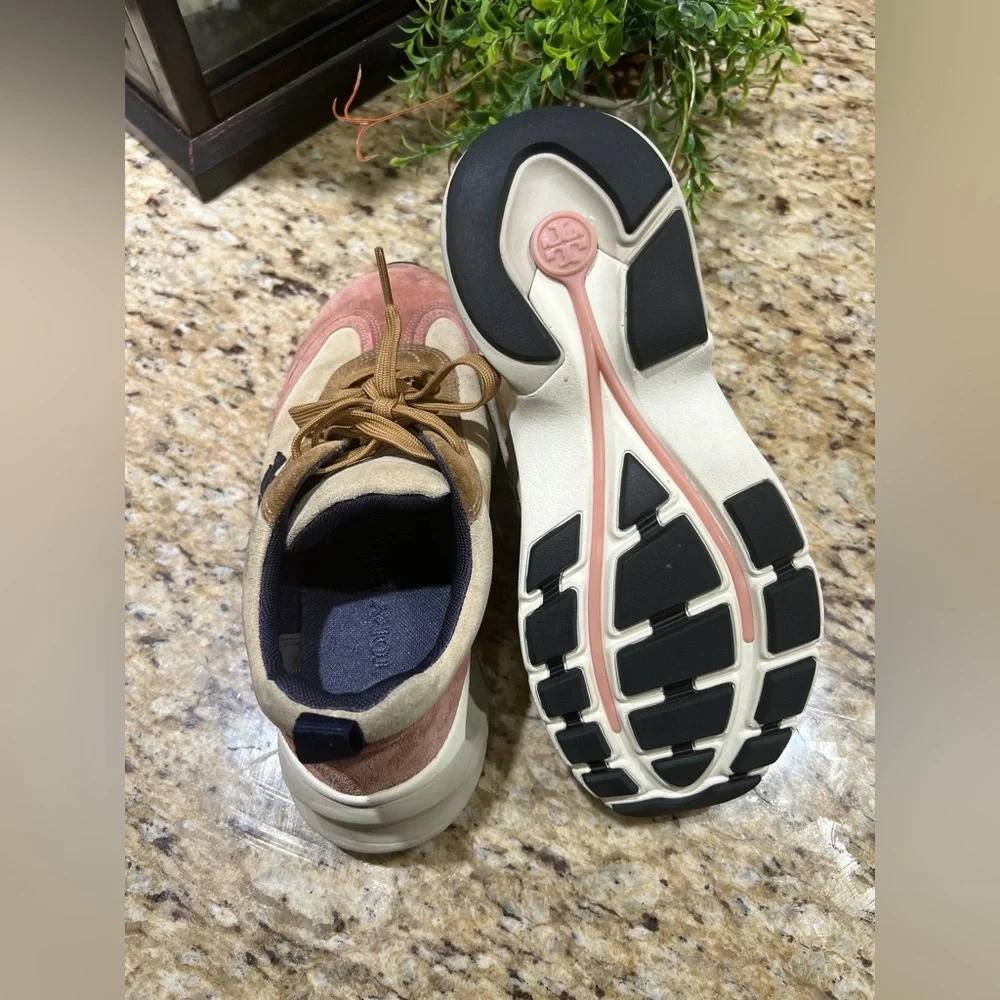 Tory Burch Good Luck Trainer Pink and Tan Sneakers 7.5